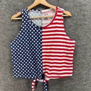 City Streets Tank Women XL Red American Flag Print Sleeveless Wide Strap Tie Up